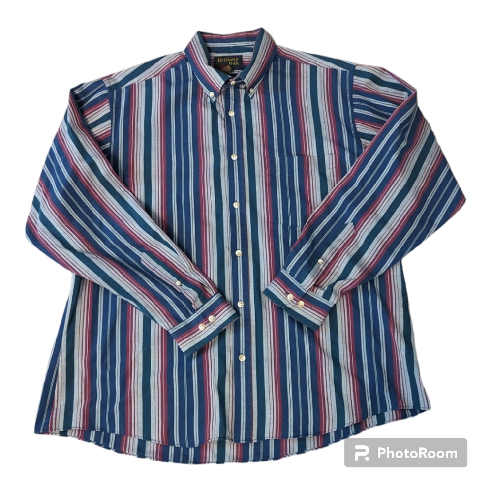 VTG Brittany Bay Easy Care Blue Maroon Striped LS Button Collar Shirt. Men's XL